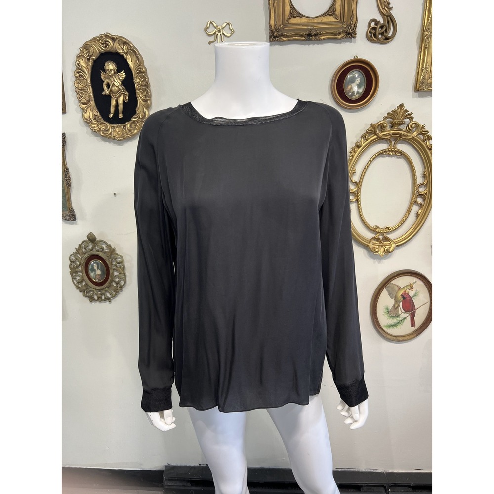 Vince Black Silk Long Sleeve Blouse Top Trimmed Neckline Size Large Flaws